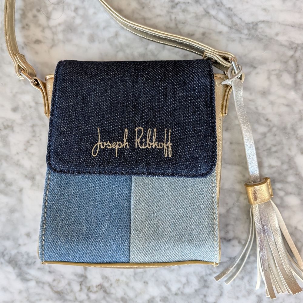 Joseph Ribkoff Blue Denim & Gold Mini Crossbody Purse Bag Tassel